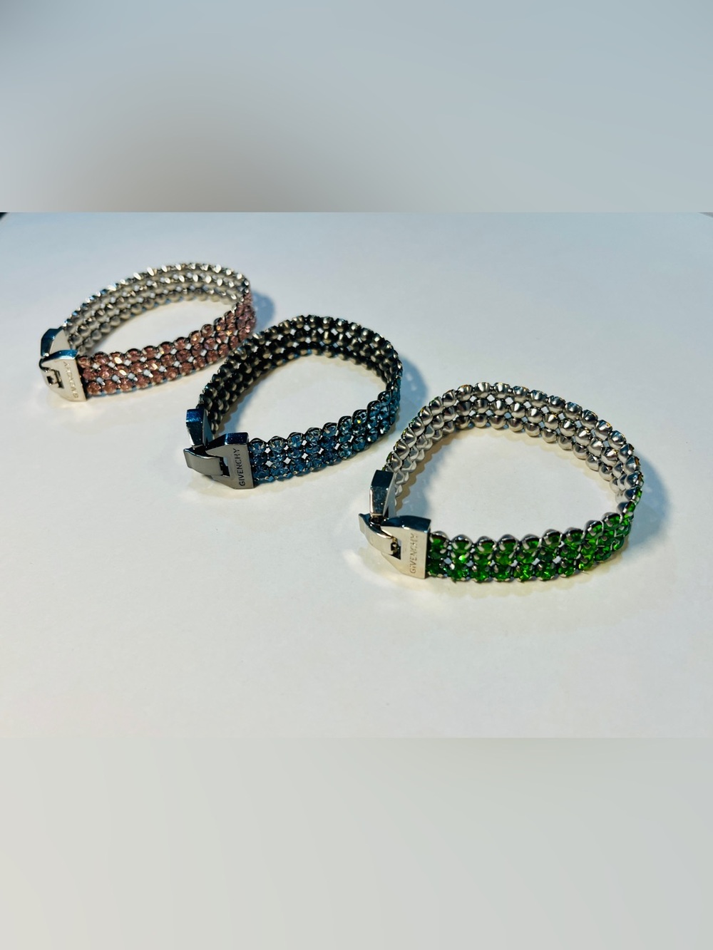Signed Givenchy | Set of 3 Triple-Row Rhinestone Bracelets: Pink, Green and Blue